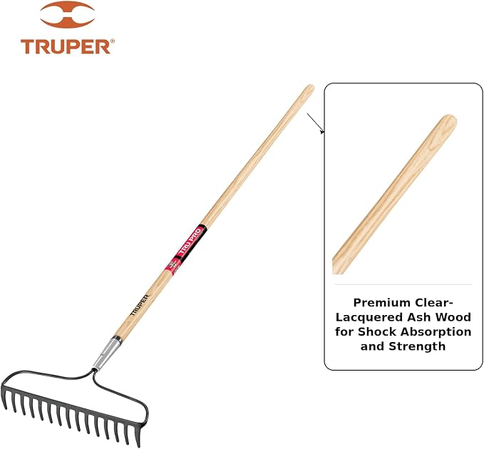 Truper TruPro 15-Tine Forged Steel Bow Rake (Model 31374 / R-16AM-X) | 60-Inch Premium Ash Wood Long Handle, Professional Landscaping Grading and Leveling Tool