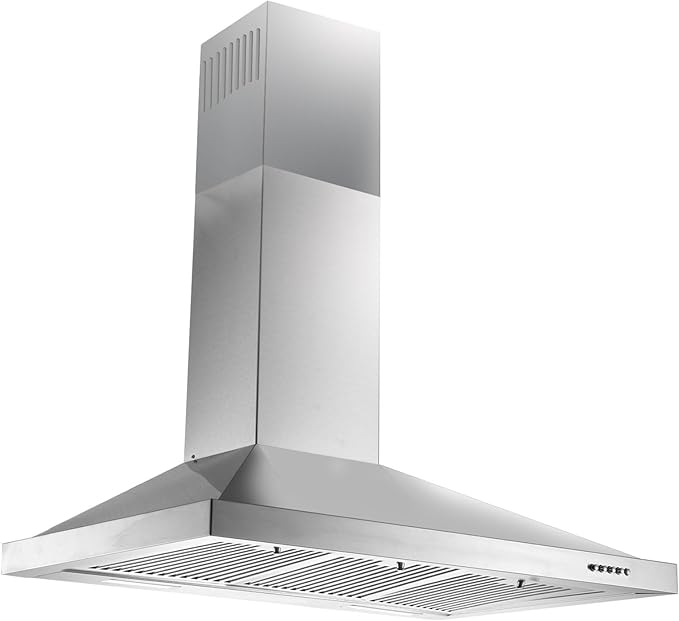 36 inch Range Hood, Wall Mounted Vent Hood in Stainless Steel, Ducted/Ductless Kitchen Hood w/Push Button Control, 3 Speed Exhaust Fan, 3 Pcs Baffle Filters, Energy Saving LED Light