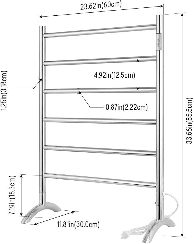 Freestanding Towel Warmer 6 Bars Plug-in Option 3 Working Modes Mirror Polished Stainless Steel 24”W 34”H