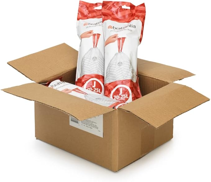 Brabantia PerfectFit Trash Bags (Size J/5.3-6.6 Gal) Thick Plastic Trash Can Liners with Drawstring Handles (120 Bags)