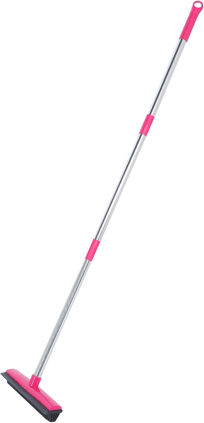 Pet Hair Remover, Carpet Rake for Pet Hair Removal, 2 in 1 Removal Tool of Rubber Broom and Squeegee for Floor, Length Adjustable Push Broom, Pet Dog and Cat Hair Remover (Pink)