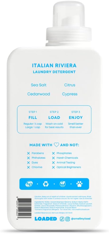 Loaded Laundry Detergent, Luxury Cologne & Perfume Scented | 50 Loads | Sea Salt & Citrus | Skin-Friendly & Plant-Based | Made in USA | 32 oz