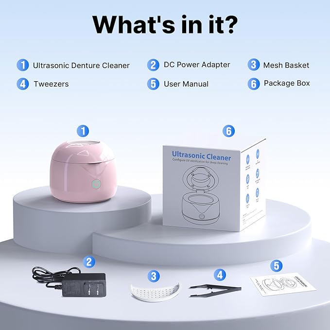 CXRUY Ultrasonic Retainer Cleaner - UV Dental Cleaning Pod Night Guard Cleaner for Dentures, Aligner, Braces, Toothbrush Heads, Jewelry (Pink)