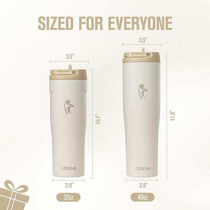 Coolflask Water Bottle 32 oz Fits Car Cup Holder, Slim Tumbler Stainless Steel with Straw & Handle, Vacuum Flask Leakproof Wide Mouth for Travel Sports Gym, Cream White