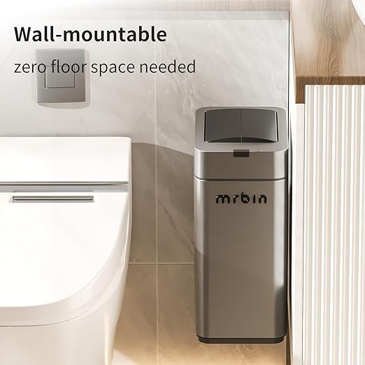 MRBIN Slim 2.4 Gal Bathroom Trash Can with Lid – Small Stainless Steel Touchless Motion-Sensor Waste Basket for Office, Bedroom, Kitchen, RV, Quiet Close, Dog-Proof, Space-Saving Narrow Garbage Can