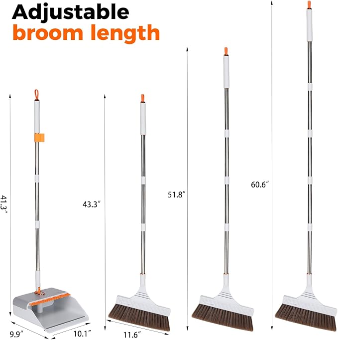 Broom and Dustpan Set with Adjustable Handle, Upright Design, Built-in Comb Teeth, Mint Green, for Home Office Hardwood Floors Pet Hair (Silver/Gray)