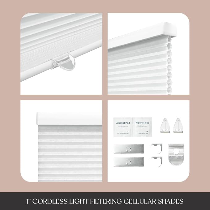REGAL estate QuickInsta PeelMount No Drill No Tools Cordless 1" Light Filtering Cellular Shade, 19.5" W x 42" H, White