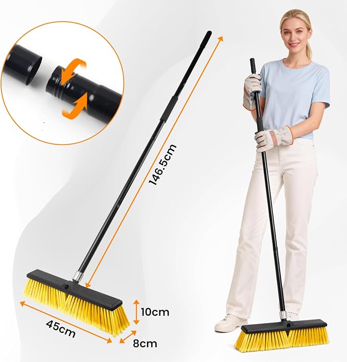 2 Pack 18" Push Broom Outdoor, Heavy Duty Broom with 62" Long Handle, Stiff Bristle Garage Broom for Patio Deck Driveway Concrete Floor Shop Warehouse Cleaning