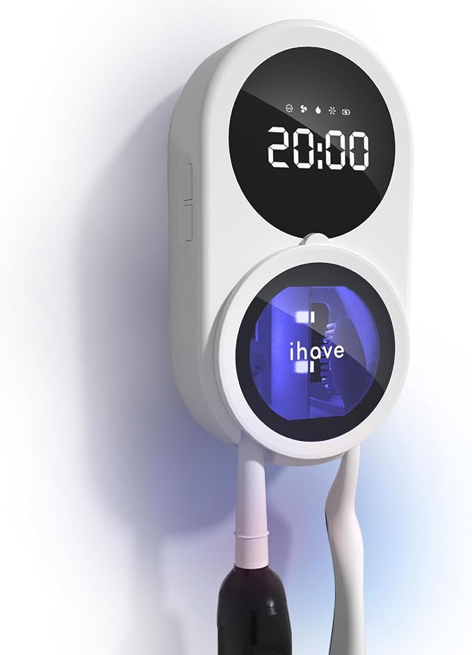 iHave UV Toothbrush Sanitizer Holder 2 Slots Wall Mounted Wave Sensor Auto | UVC+Ion 360 Dual Disinfection (No Dead Zone) β’ 4H Auto-Cycle (Bacteria Regrow in 4-8H) β’ Heat & Fan Drying β’ LED Time Display