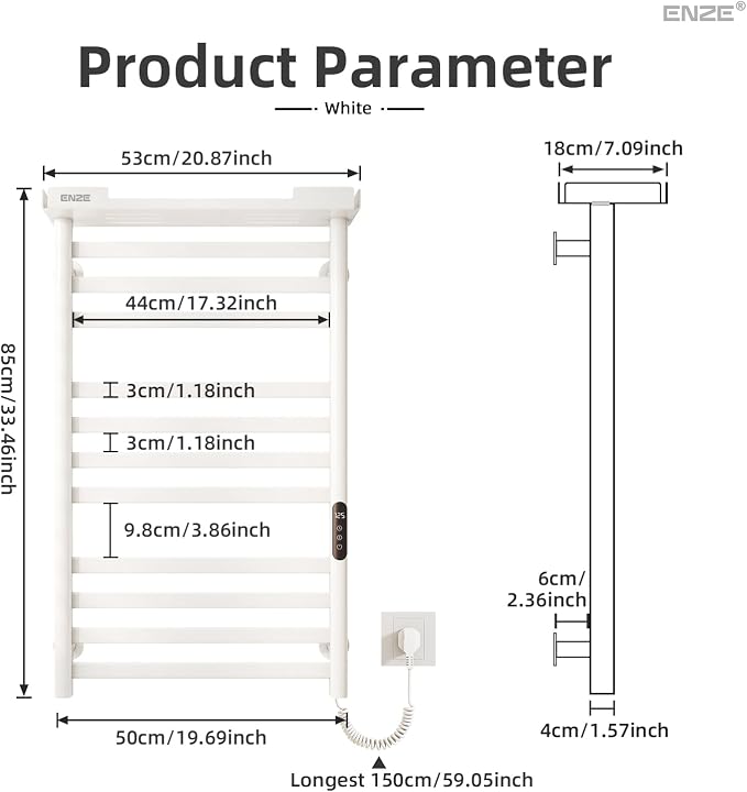 ENZE Smart Heated Towel Rack, 11-Bar Wall-Mounted Electric Towel Warmer with Shelf, Wi-Fi App Control, Adjustable Temperature & 24H Timer, Low Carbon Steel, IPX5, Plug-in/Hardwired, White