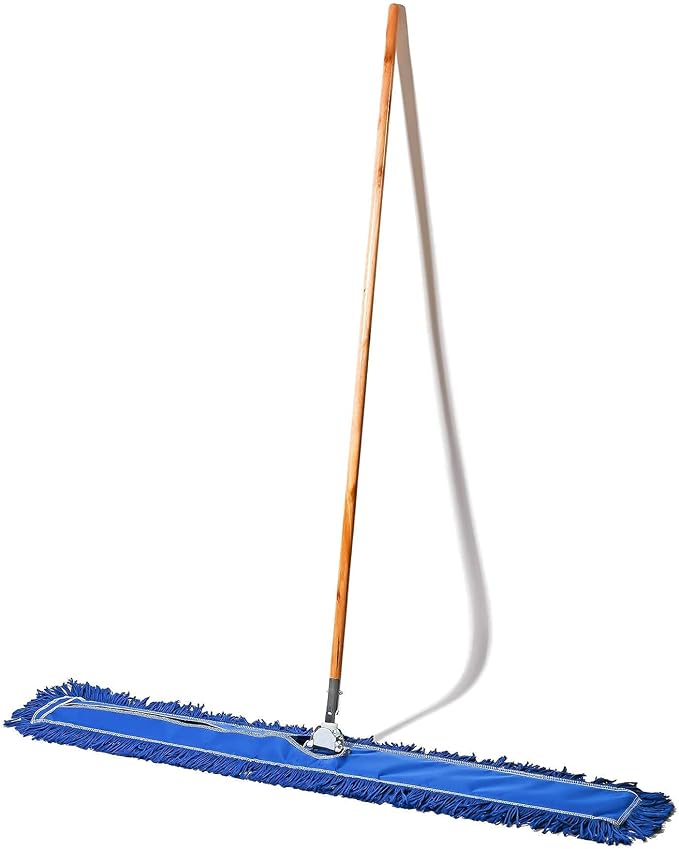 Commercial Floor Sweeper, 48 in. Reusable Mop Head, Wooden Handle, Industrial Dry Mop for Hardwood Floors, Blue