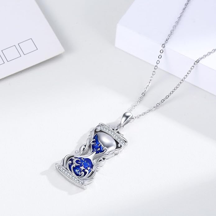 Hourglass Necklace 925 Sterling Silver Sun Moon Star Time Hourglass Pendant Necklaces Blue Memorial Jewelry for Women With 18+2 In Chain