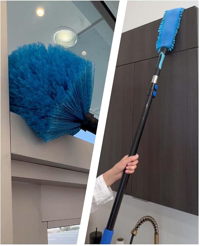 20 Foot Painted Wall Cleaner Mop with 12 Ft Heavy Duty Extension Pole, 3-in-1 High Ceiling Cleaning Tool with 4 Microfiber Chenille Pad, Cobweb Duster, Fan, Baseboard, Window Squeegee Kit (12ft)