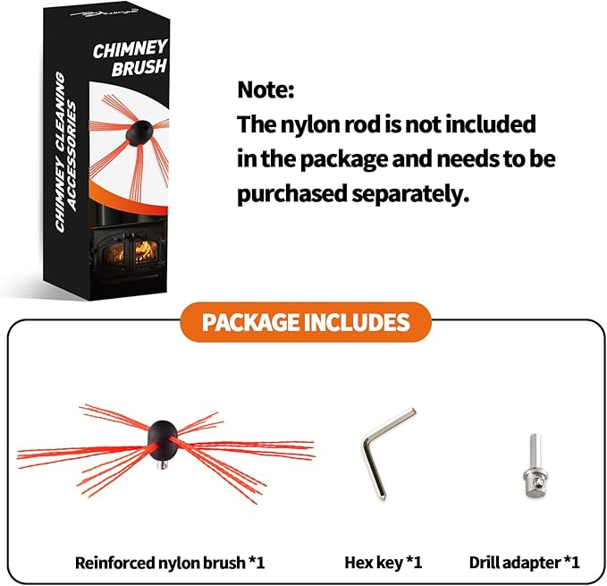 Bluesea 1 Piece Chimney Sweep Brush, Chimney Cleaning Kit Accessories with Hex Key and Adapter for Electric Drill, Durable Nylon Brush for Fireplace Flue Use.