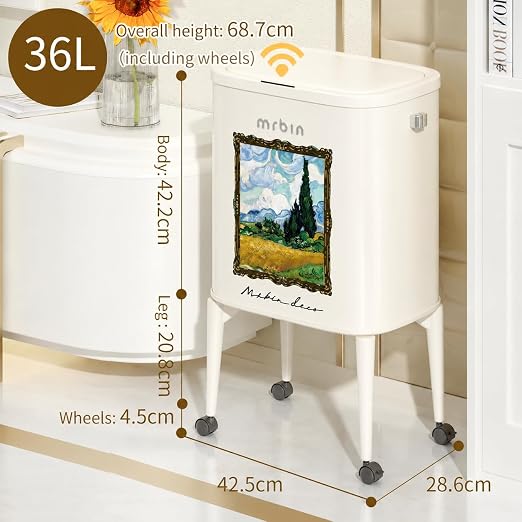 MRBIN Metal Motion Sensor Kitchen Trash Can with Wheel Legs, 36L / 9.5gal Medium Press Lid Slim Waste Basket, Pet Proof Tall Narrow Garbage Pail for Vanity, Living Room, Bathroom, Bedroom, Wheatfield