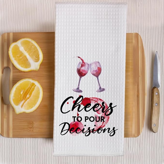 Cheers to Pour Decisions Funny Kitchen Towels 2 Pack, Sweet New House Gift for The Hostess, Christmas Birthday Housewarming Gift for Mom Grandma Sisters Neighbors Friends