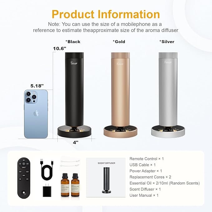 Waterless Diffuser,1500 Sq Ft,USB Plug-in & Rechargeable,Ring Ambient Light,Aluminum,Remote Control&Touch Buttons,Adjustable Fragrance Intensity&Timer,Hotel Collection Scent Machine - Black
