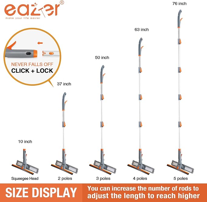 Eazer 3-in-1 Spray Window Squeegee Cleaner, 76" Window Washing Kit with 5-Section Extension Pole, Microfiber & Chenille Pads, Glass Wiper for Indoor/Outdoor & Car