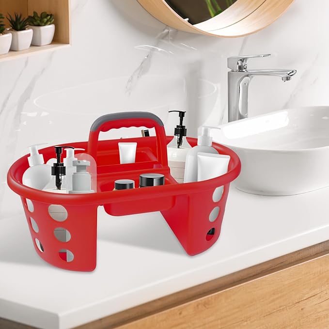 SIMPLYKLEEN Large Shower Caddy Portable 2PC - Made in USA Plastic Jumbo Size Dorm Storage Candy Tote with Handle Shower Organizer for Bathroom, Pantry, Kitchen, College Dorm, Red