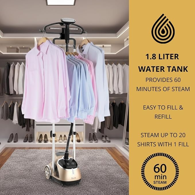 SALAV Professional Garment Steamer 1500W with Foot Pedal Control | 45s Fast Heat Up, 1.8L Tank, Up to 1 Hour Continuous Steam, Stainless Steel Nozzle & Wheels – Gold
