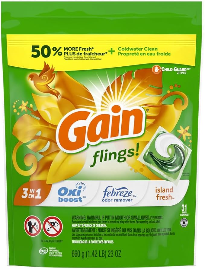 Gain Flings Laundry Detergent Pacs, 31 Count, Island Fresh Scent, 3 in 1 HE Detergent Pacs with Oxi Boost and Febreeze