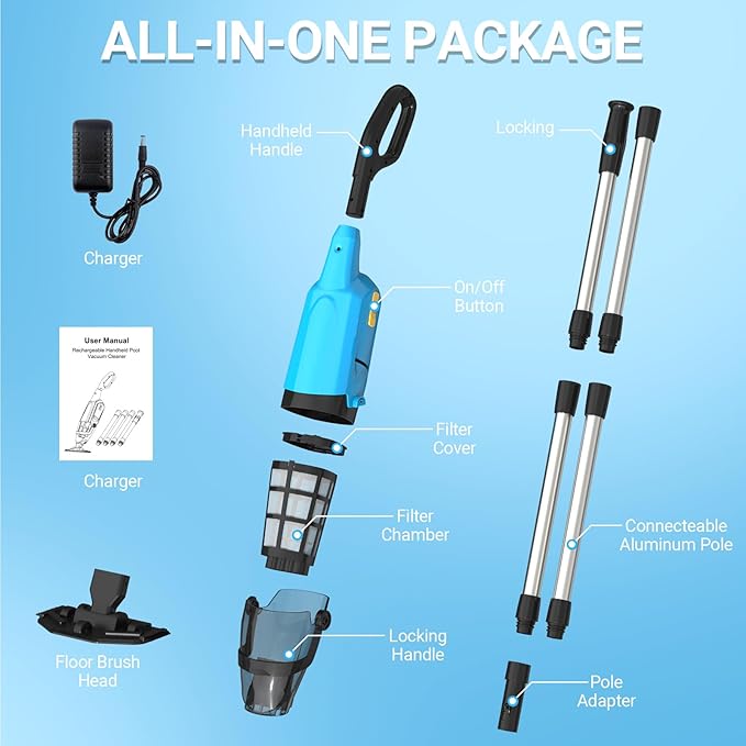 Pool Vacuum for Above Ground Pool, 18GPM Powerful Suction/87β Extension Pole/60Mins Runtime, Spot Fast Cleaning Cordless Handheld Pool Vacuum Cleaner for Spas Inground Above Ground Pool Vacuums