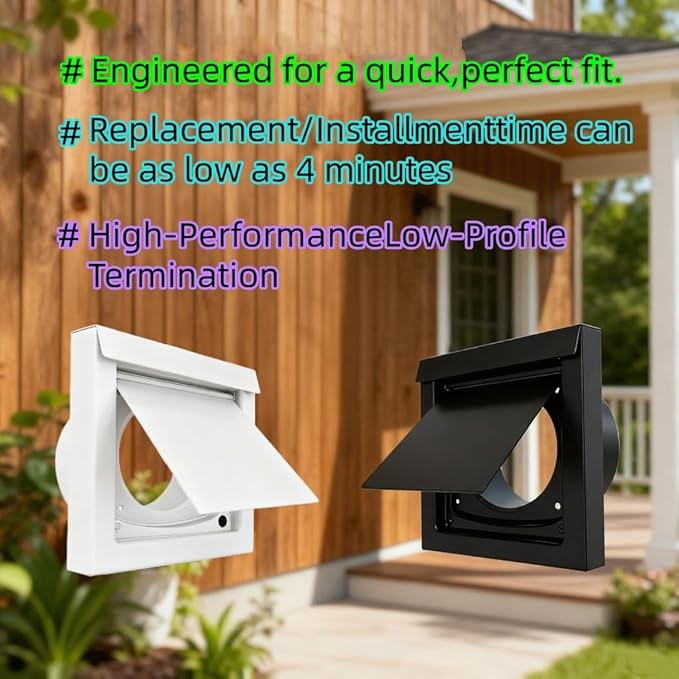 Magnetic Dryer Vent Cover 4 Inch Wall Vent Cap, Low Profile Outdoor Dryer Vent Cover, Black Dryer Wall Vent with Dual Door Damper for Clothes Dryer Replacement Vents