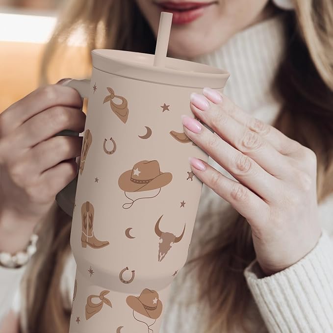 SANDJEST Cowgirl Tumbler 40oz for Women Girls – Stainless Steel Travel Coffee Mug Cup with Handle and Straw, Gift for Birthday Christmas