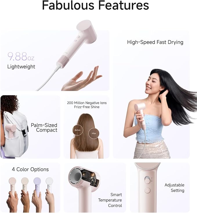 Laifen Air Hair Dryer, Lightweight and Palm-Sized Compact, 15× High-Speed Drying with 110, 000 RPM Powerful Motor, Smart Temperature Control, 200 Million Negative Ions, 5 Modes & 2 Airspeeds, Pink