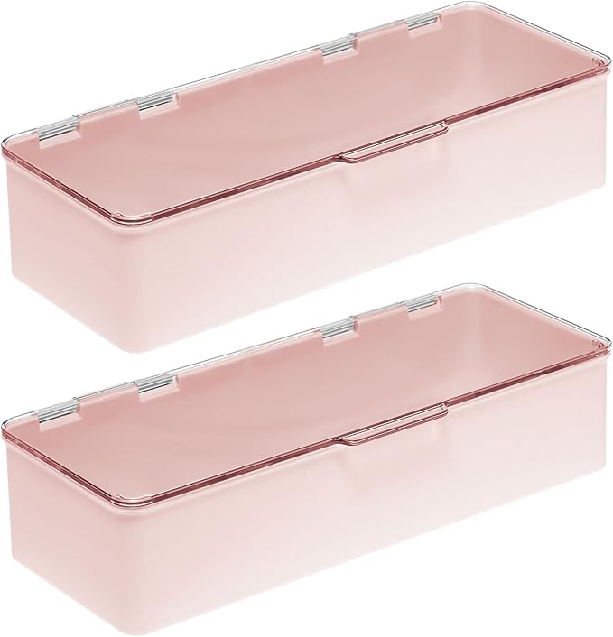 mDesign Long Plastic Cosmetic Storage Organizer Box Containers with Hinged Lid for Bedroom, Bathroom Vanity Shelf or Cabinet, Holds Masks, Palettes, Lotion, or Nail Polish, 2 Pack - Light Pink/Clear