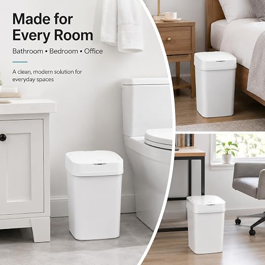 DZT-12-5S Smart Motion Sensor Trash Can 10.3 * 7.8 * 14.1inch | 0.3s Fast Opening, Auto Close & Touch-Free Operation for Home and Office (White)