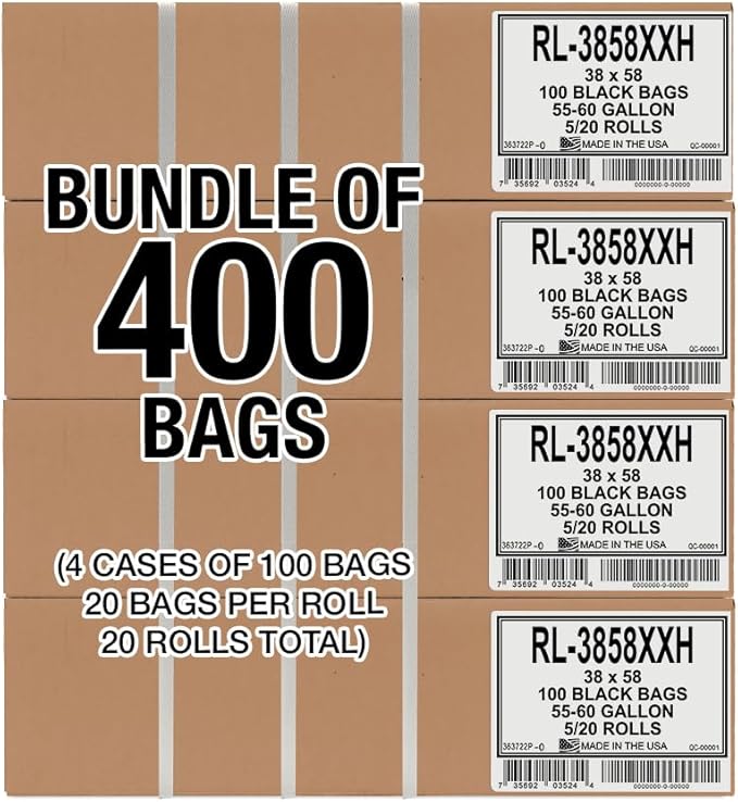 Aluf Plastics T-Tough Roll Pack Low Density Repro Blend Star Seal Coreless Rolls Bag, 55-60 Gallon Capacity, 58" Length x 38" Width, XXH Strength, Black (Pack of 400)