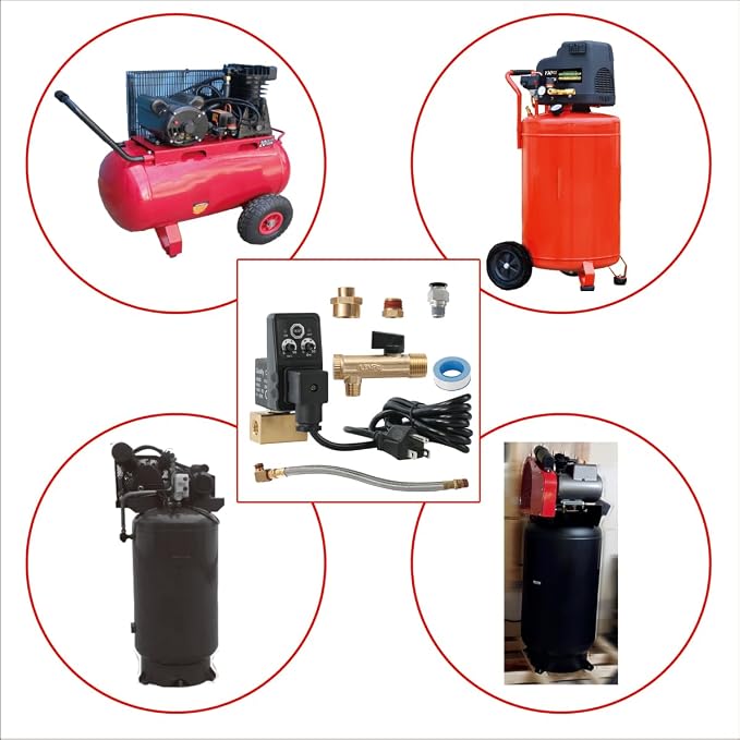 1/4" NPT Timer Operated Compressor Air Drain Valves with 1/4" flexible Braided Steel Tube and Ball Valve Strainer 1/2" x 1/4" MNPT,Automatic Electronic Tank Drain Kit with Push to Connect Fitting