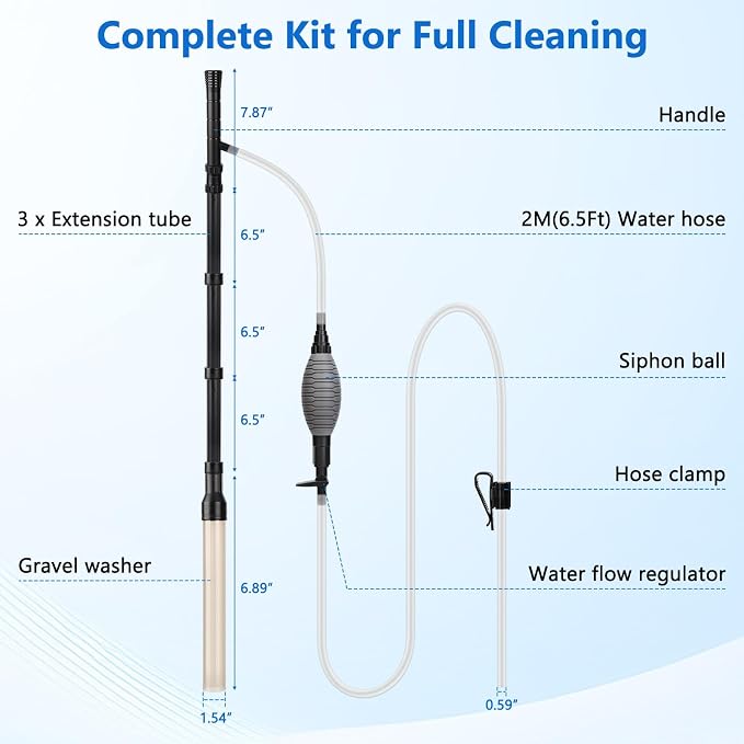 AQQA Gravel Vacuum for Aquarium Siphon - Adjustable Flow Fish Tank Cleaner with Handle, Manual Siphon Pump Water Changer Sand Rock Suction Cleaner, Upgraded Hard Hose with Threaded Connection (L)