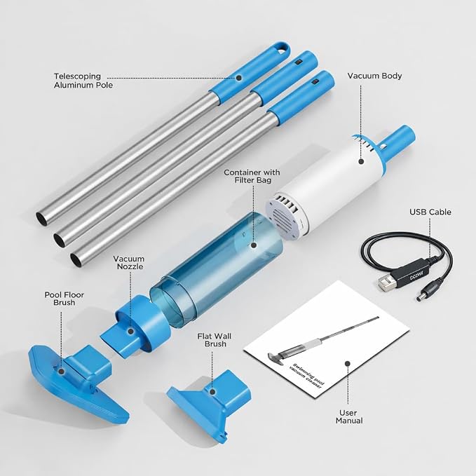 Handheld Pool Vacuum for Above Ground Pools, Cordless Pool Cleaner for Hot Tubs & Spas, 60 Min Runtime, 91in Reach with Poles, Dual Brush Heads, Cleans Sand&Debris&Algae, OVIA OCEAN10