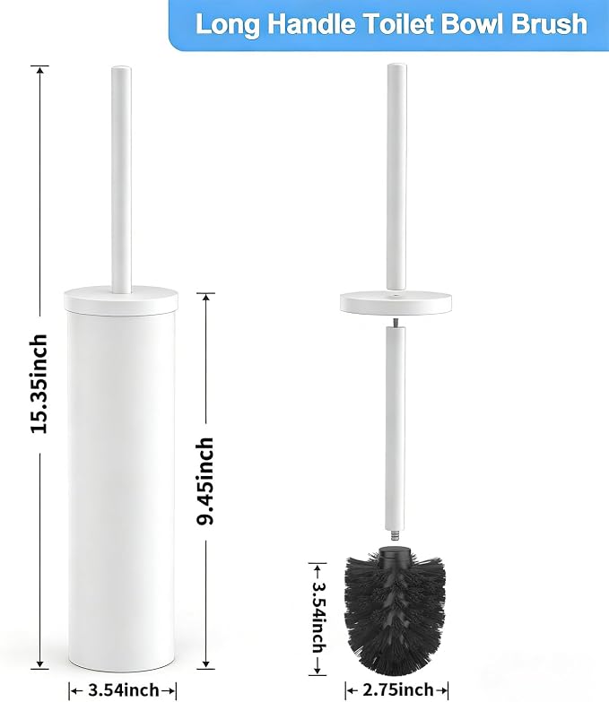 Stainless Steel Toilet Brush and Holder Set Brushed Silver Heavy Duty Toilet Bowl Brush with Long Handle for Bathroom and Farmhouse (White)