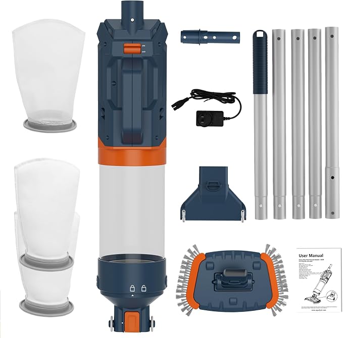 Cordless Pool Vacuum-25 Micron Fluff Ultra Fine Filter, 98inch,True Powerful Suction 18.9GPM,1H Runtime, Handheld Rechargeable Hot Tub Cleaner with Poles for Above Ground&Inground Pool
