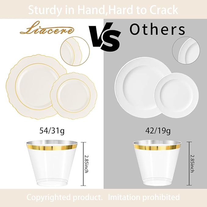 Liacere 350PCS Ivory Plastic Plates-Cream Disposable Plates With Gold Rim-50Guest Baroque Plastic Dinnerware include 100 Plates - 50 Pack Pre Rolled Napkins Silverware 50Cups for Wedding&Party