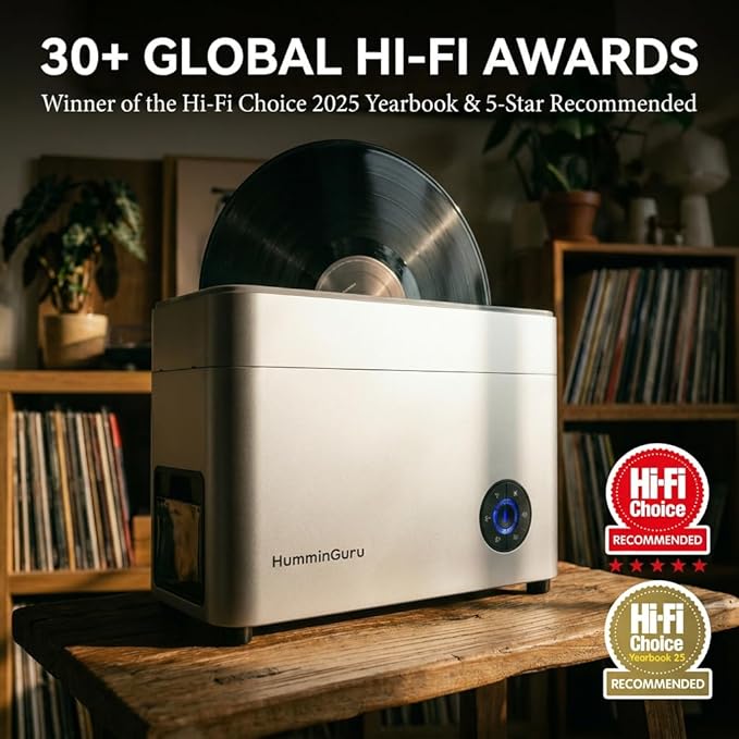HumminGuru Ultrasonic Vinyl Record Cleaner- 40kHz Ultrasonic Vinyl Record Cleaning Machine with Auto Drying, Vinyl Cleaner Kit with Filters, 1Y Warranty (Sliver, 7/10/12 Inch)