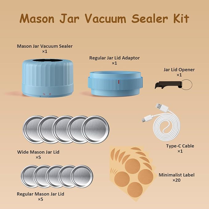 HTPOW Mason Jar Vacuum Sealer, Auto Sealing for Regular and Wide Mouth Jars | Meal prep, food storage, one-touch operation, regular and wide mouth jars, 1300mAh battery, reusable lids