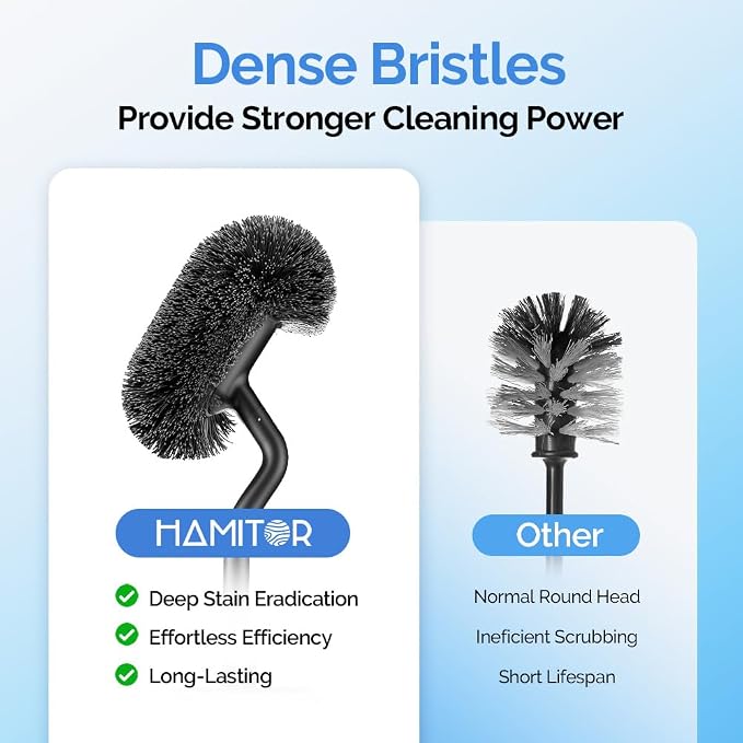 HAMITOR Toilet Brush and Holder Set: Stainless Steel Heavy Duty Bowl Cleaner Brush - Deep Cleaning Under Rim Curved Bristle - Space Saving Wall-Mounted for Home RV Bathroom Accessories Black 1 Pack