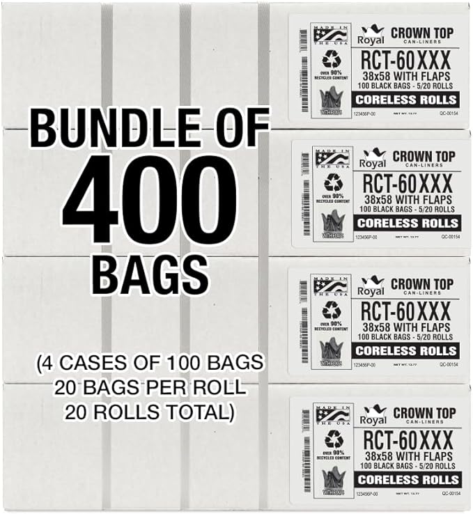 Aluf Plastics RCT-60XXX Star Sealed Coreless Rolls with E-Z Tie Flap Closure, 60 gal, Polyethylene, 38" x 58", Black (Pack of 400)