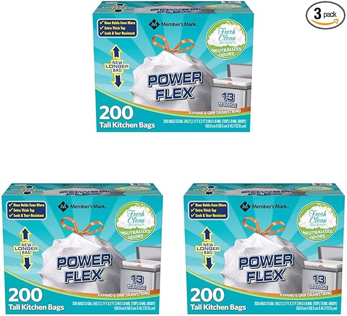 Members Mark 13 Gal Power Flex, Leak Protection, Tall Kitchen Simple Fit Drawstring Bags (3 Pack, Fresh Clean Scent), 1count