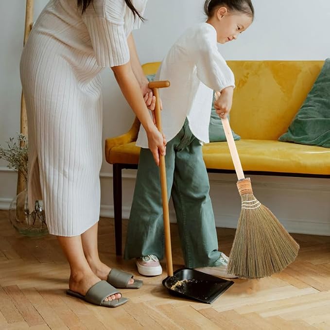 Healeved Handmade Asian Broom for Indoor Sweeping, 26" Short Handle Traditional Vietnamese Miscanthus Straw Broom with Hanging Cord, Soft Bristle Floor Sweeper for Hardwood, Tile and Dust Cleaning