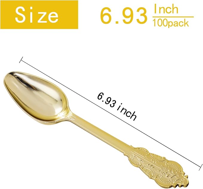 WDF 100 Piece Gold Plastic Spoons Disposable - 6.93 Inch Baroque Gold Spoons Plastic Silverware for Dessert Cake - Heavy Duty for Party Wedding Daily Using Baby Shower Spring