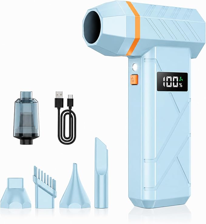 Dzaki Compressed Air Duster & Vacuum 2-in-1, 140000RPM Electric Air Duster, 4-Gear Adjustable Rechargeable Cordless Mini Dust Blower with LED Light Fast Charging for Keyboard PC Car Home Outdoor