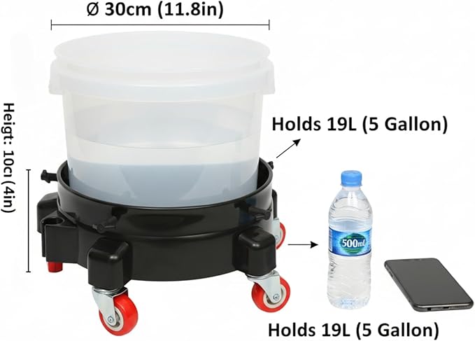 5 Gallon Bucket Dolly, Car Wash Bucket Mobile Base with 5 Swivel Wheels, 300LB Capacity Rolling Pail Stand 360° Rolling Caddy for Cleaning Gardening (Black)