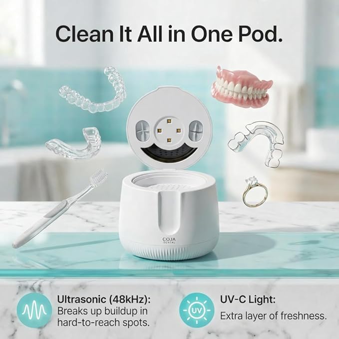 Cleansing Pod PRO + UV | Rechargeable Ultrasonic Retainer Cleaner Machine | 48kHz Ultrasonic Dental Pod for Mouthguard, Dentures & Aligners | 3 Cleaning Modes | Tablets Included