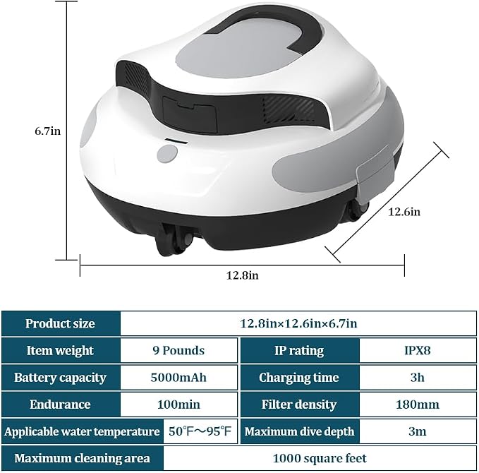 Cordless Robotic Pool Cleaner,100 Mins Automatic Robotic Pool Cleaner Self-Parking Vacuum Suction 5200mAh for Above In-Ground Pool Pool Up to 1000 sq.ft