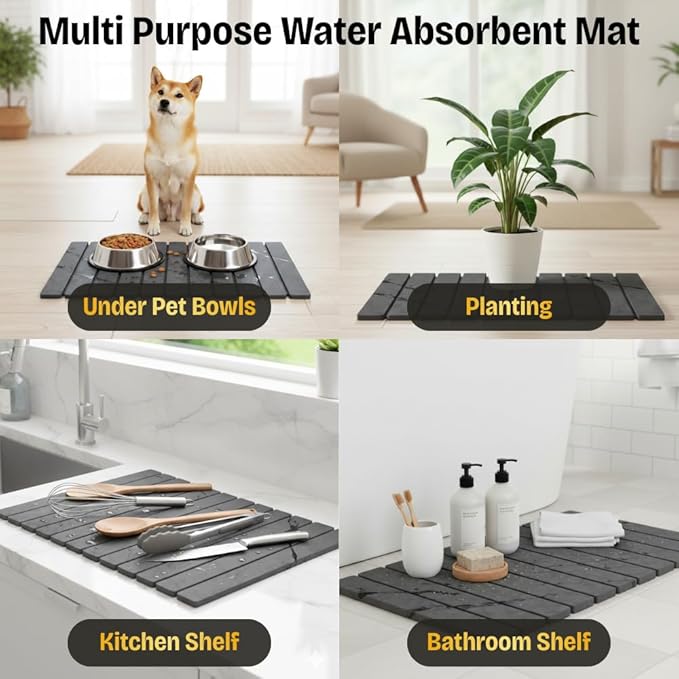 Large Stone Dish Drying Mat for Kitchen Counter, 24"×16" Foldable Fast Drying Diatomaceous Earth Mat, Super Absorbent Stone Drying Pad for Dishes, Cups, Bottles (Grey Marble)